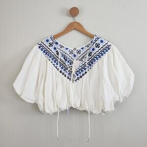 Free People Joni Embroidered Crop Top Ivory Linen Puff Sleeve Boho Blouse Small